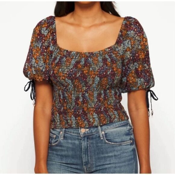 Free People Tops - NWT Free People Square Neck Puff Sleeves Floral Crop Top, Black Combo Size Large